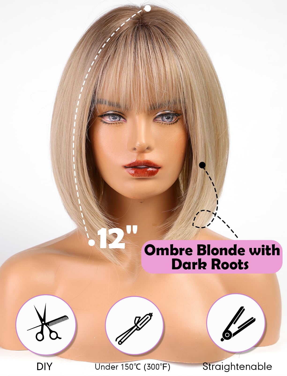 Workstar Blonde bob Wigs for Women Synthetic Wig with Fringe, Ombre Blonde with Dark Roots, 22 inches - Image 3