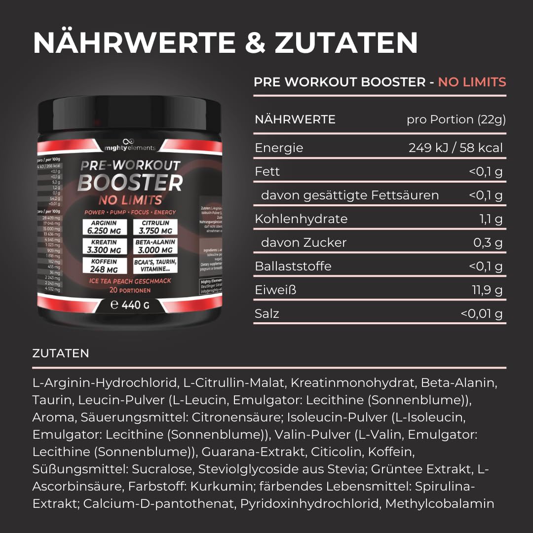Mighty Elements Pre-Workout Booster No Limits Pulver, Arginin 6.250 mg, Citrullin 3.750 mg, Kreatin 3,3 g, Beta-Alanin 3 g, Koffein 248 mg, Green Apple Geschmack, 20 Portionen, 440 g