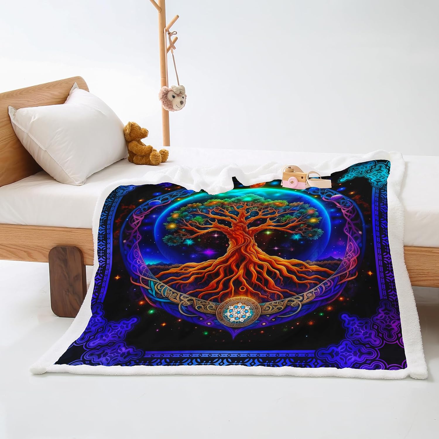 AILONEN Boho Tree of Life 78 x 59 Inches Throw Blanket for Boys Girls,Starry Sky Printed Soft Fleece Sherpa Blanket,Bohemian Nature Tree Blanket Bed/Sofa Decor