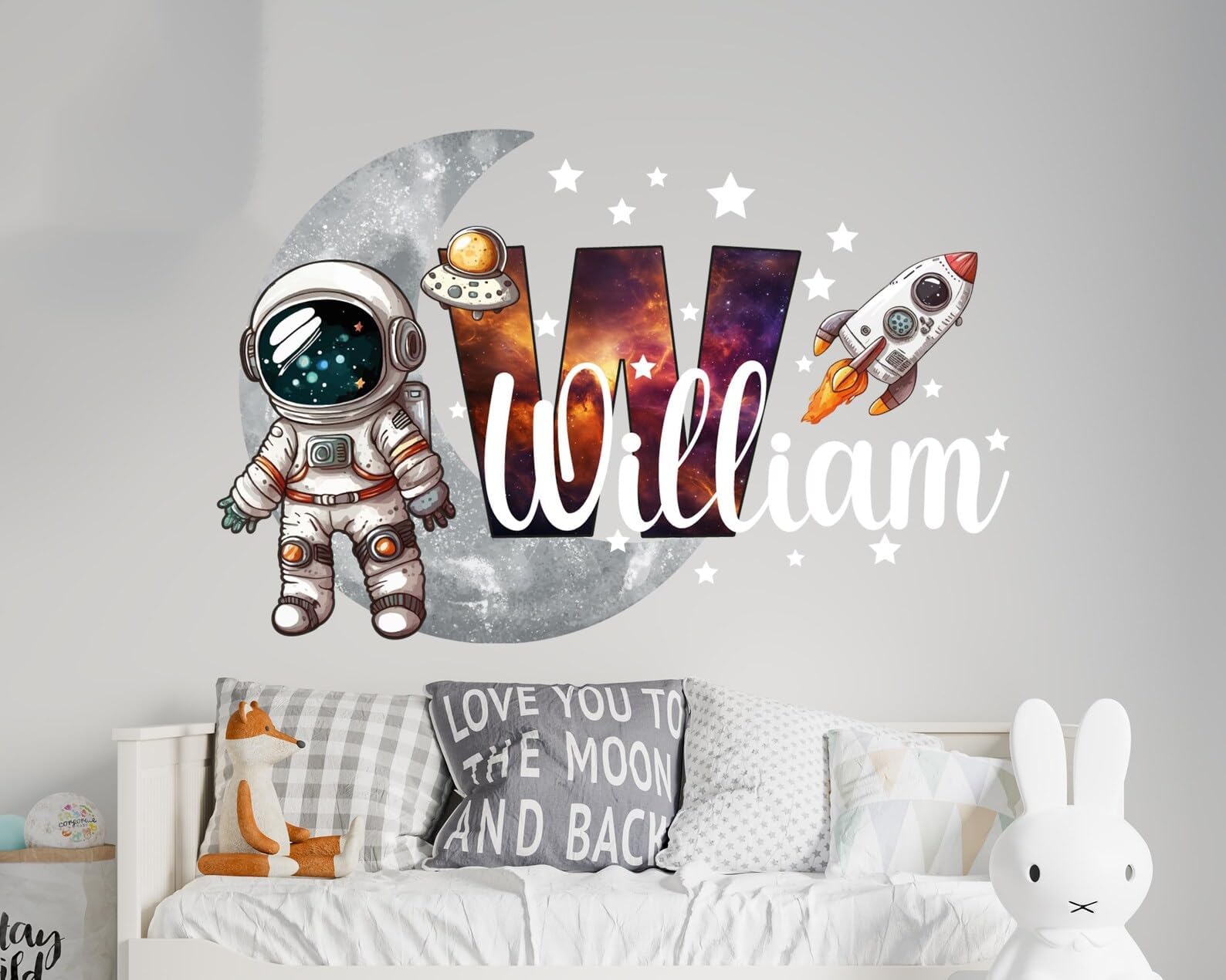 Custom Astronaut Wall Decal with Name – Space Theme Nursery Decor for Boys – Moon and Stars Vinyl Sticker – Personalized Kids Room Wall Art – Colored Astronaut Boy Bedroom Decoration