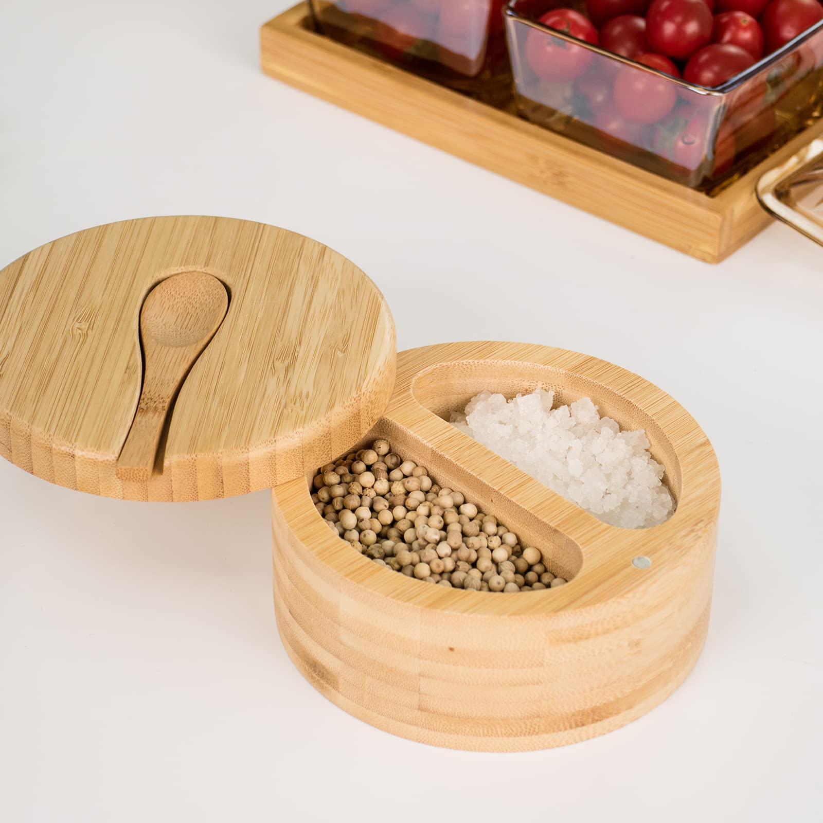 Cuencos de bambú para sal y pimienta con cuchara, recipiente apilado para sal/pimienta con tapas giratorias magnéticas y cucharas, moderno decorador de cocina de granja para almacenar sal, 3