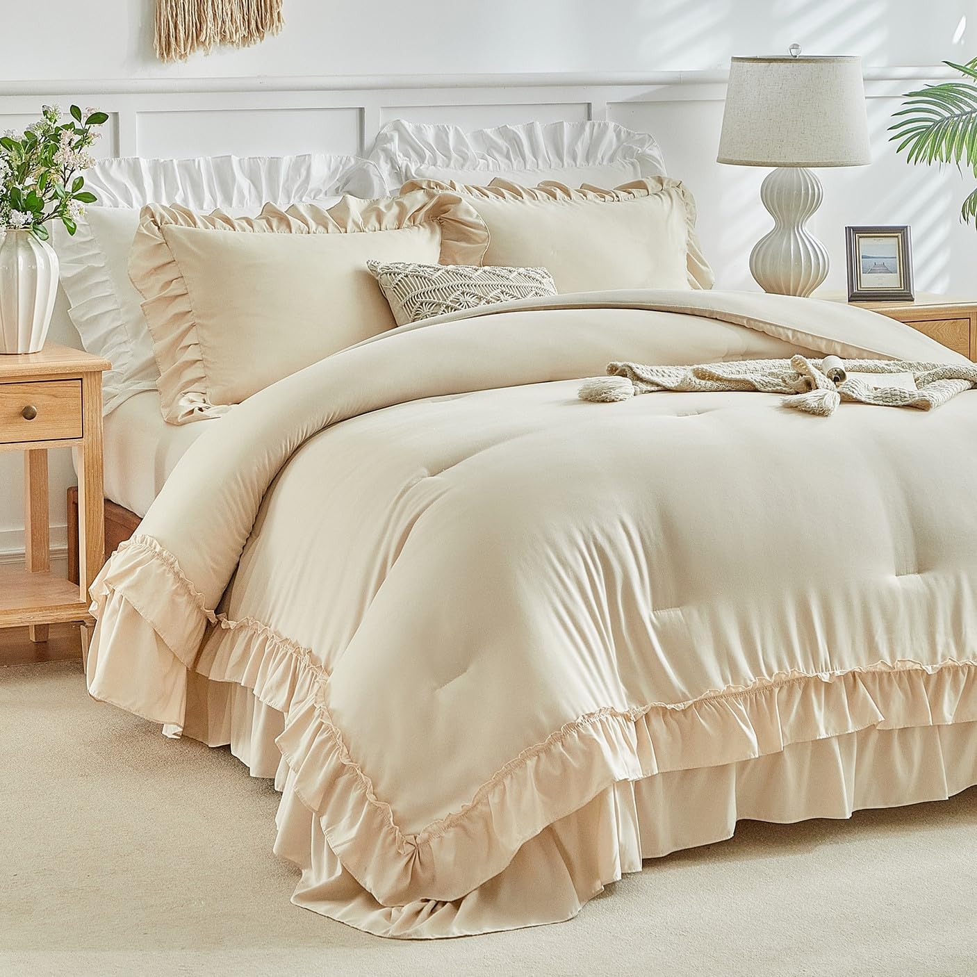 Flysheep Beige Ruffle Comforter Set Twin Size, 3 Pieces Vintage Farmhouse Shabby Chic Comforters, Solid Color Lightweight Soft Fluffy Bedding Sets for Kids (1 Ruffled Comforter + 2 Pillow Shams)