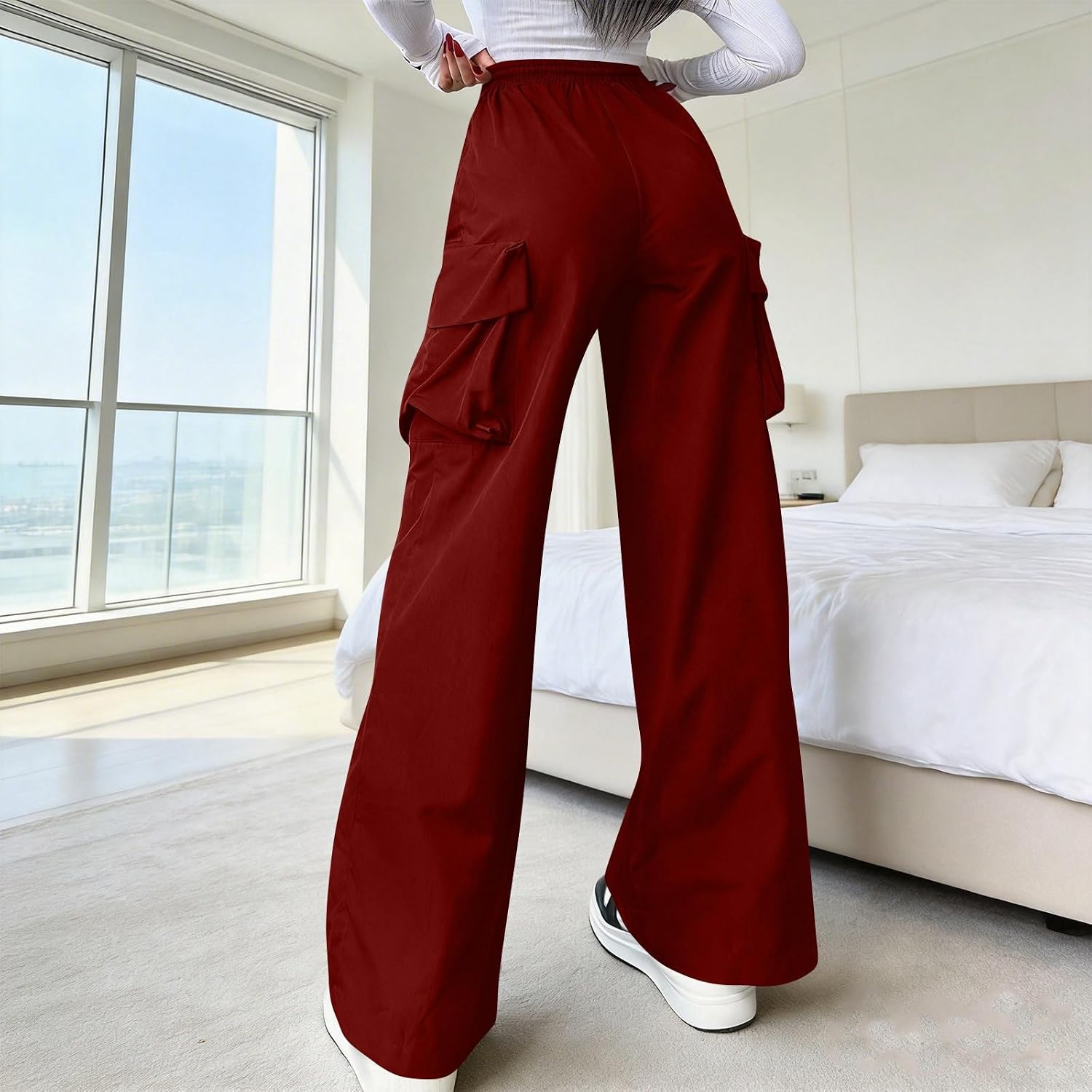 Gumipy Wide Leg Cargo Pants for Women Comfy Work Hiking Elastic Waist Drawstring Casual Pants Lightweight Loose Fit Trousers