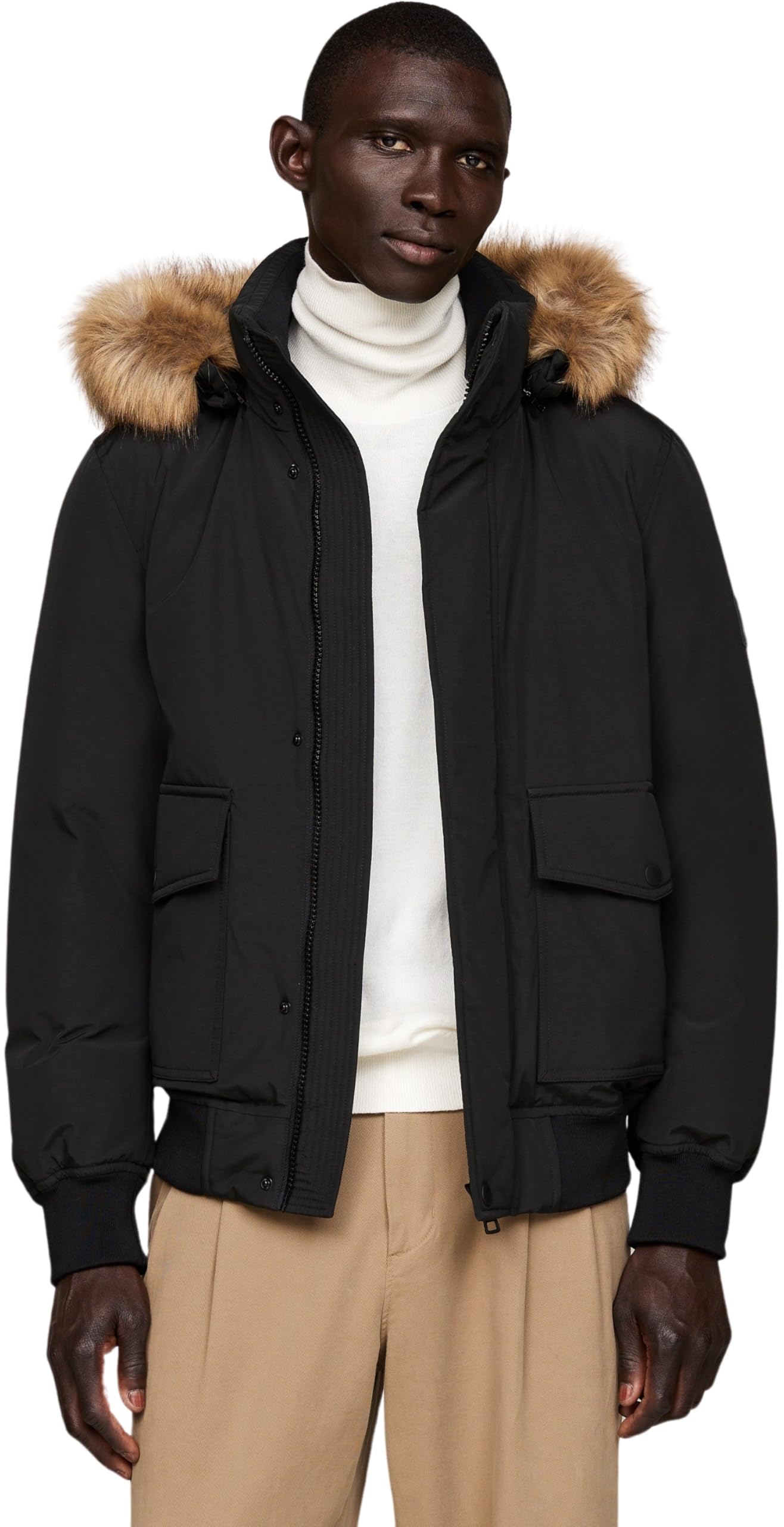 Tommy Hilfiger Men’s Rockie Down Bomber Jacket with Detachable Hood, Black (Black), XXL