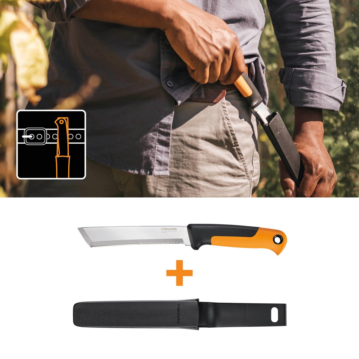 Fiskars Couteau de Récolte, Pour Tiges épaisses, Longueur de lame : 15 cm, Acier inoxydable/plastique, Noir/Orange, X-series, K82, 1062830