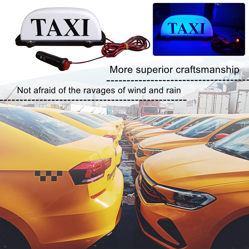 Ondertekent De Het Taxi Lichte Teken of Cabine in Blauwe En Witte Kleur Op Het Autodak Bij De