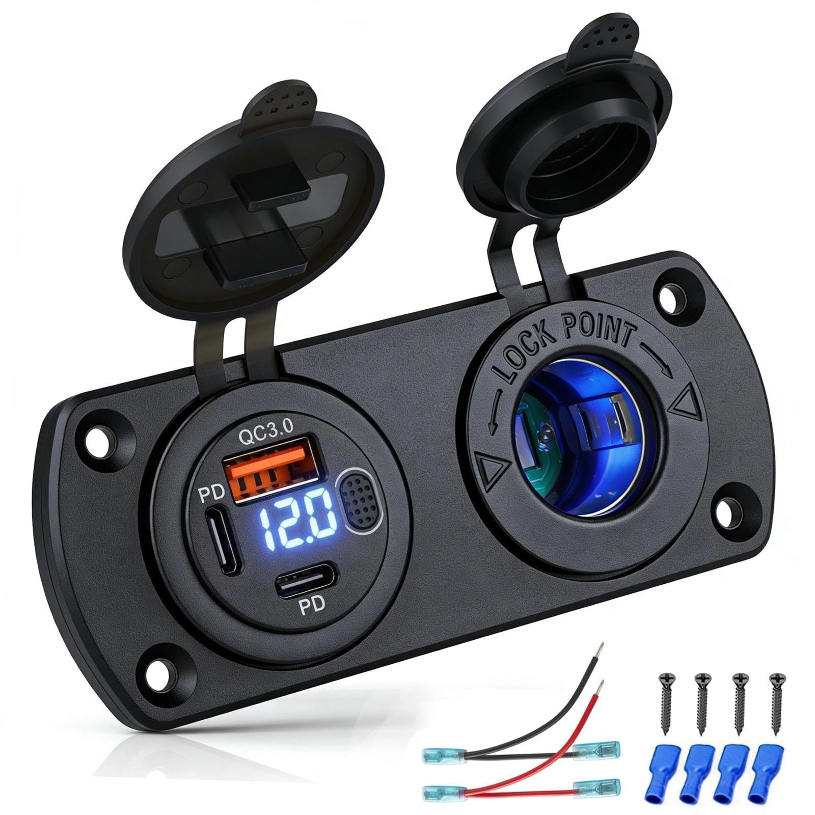 Presa 12V 2-in-1 per Camper Barca Auto, 2x PD 3.0 30W+36W & 1x QC 3.0 18W, con Voltmetro LED Blu & Interruttore, IP65 Impermeabile, Presa Accendini 150W