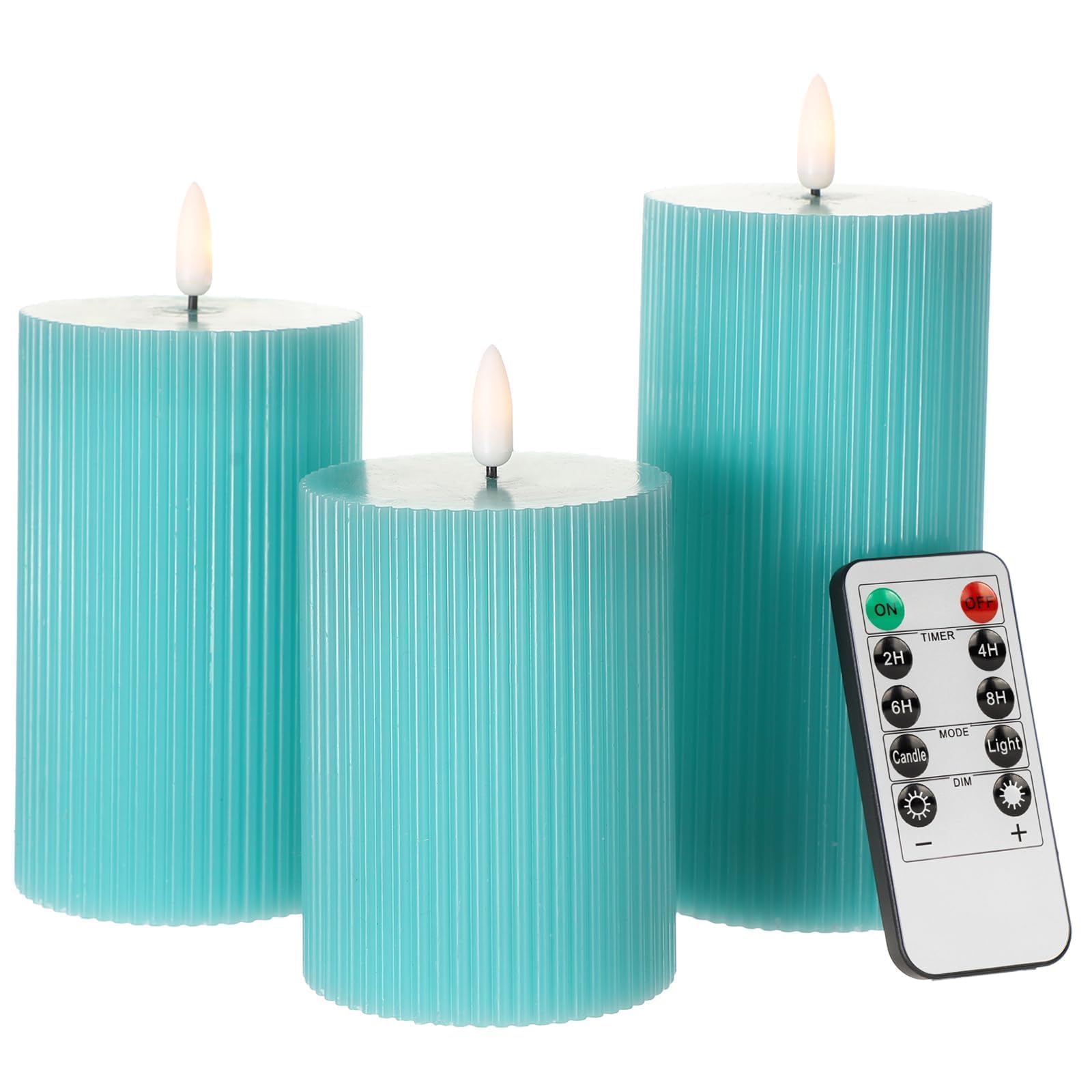 ANGELLOONG Teal Flameless Candles with Remote, Turquoise Battery Operated Candles with Timer, Set of 3 Real Wax Spring LED Fake Ribbed Pillar Candles for Bathroom Wedding Kitchen Living Room Deocr