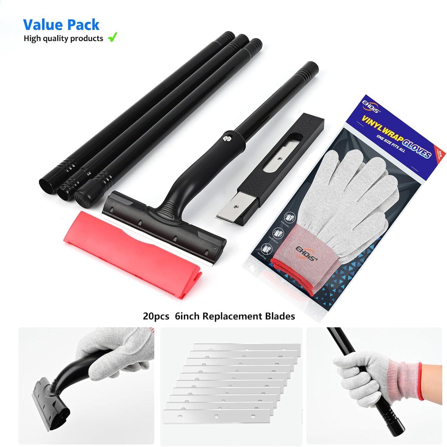 EHDIS Adjustable Razor Blade Scraper, 15''-58'' Long Handle 6" Blade Scraper Tool