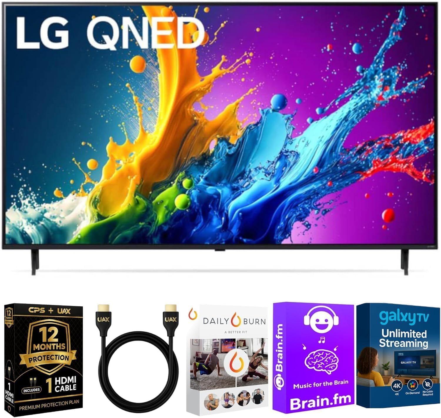 LG 43QNED80TUC QNED 4K Smart TV – Quantum Dot, AI Processor, HDR10, webOS, Dolby Atmos, ThinQ, Alexa Built-in, Magic Remote, Gaming Optimizer, 12-Month CPS Protection, UAX HDMI Cable, Streaming Bundle