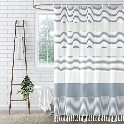 XOGUIBO Blue Shower Curtain Cotton Coastal Ocean Striped Shower Curtains for Bathroom with Tassel 72 X 72