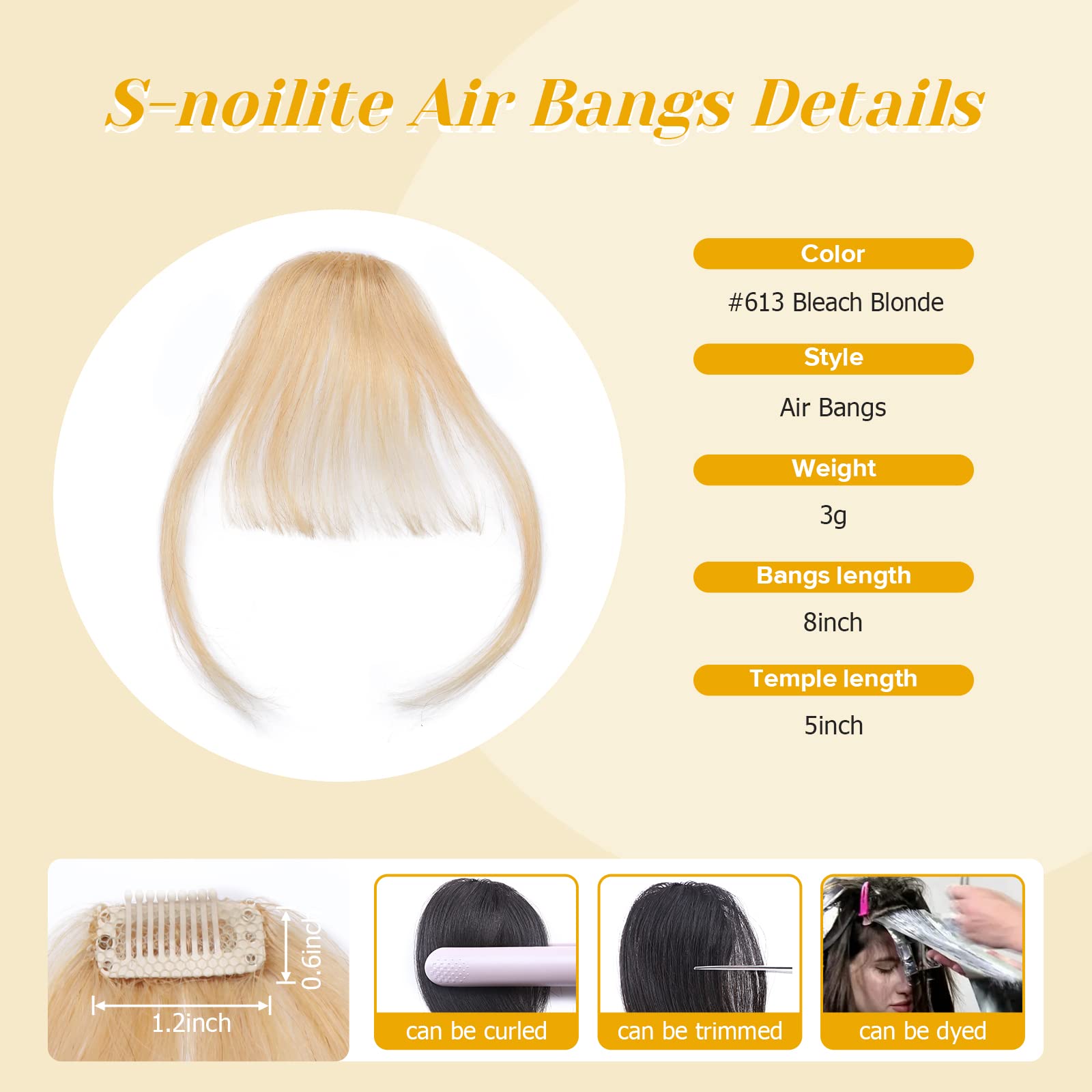 S-noilite Clip In Fringe Real Human Hair Air Bangs Hair Hairpiece Clip on Wispy Bangs with Temples for Women 3g(#613 Bleach Blonde) - Image 2