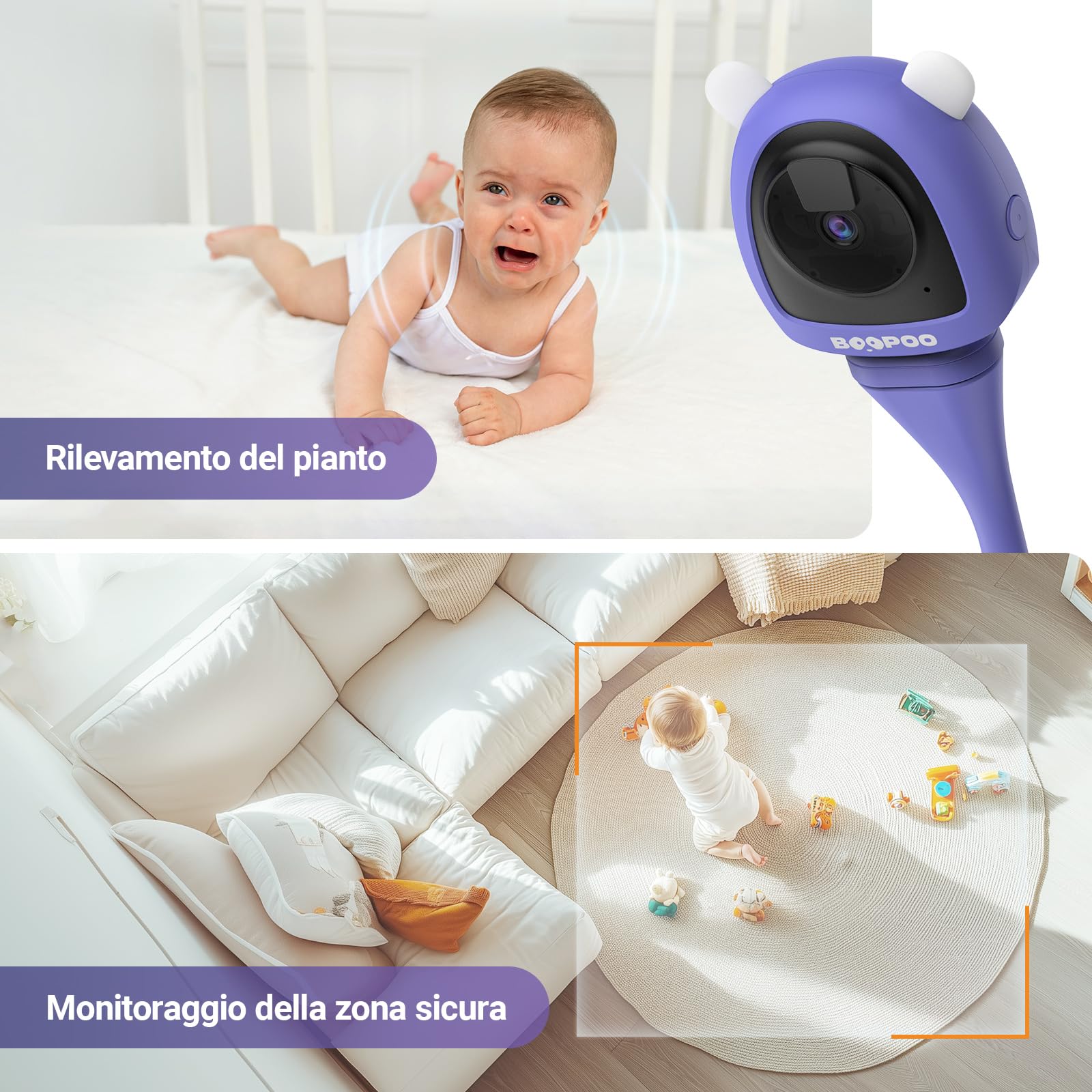 Telecamera Monitor Intelligente per Bambini - Soluzione AI Avanzata Senza Sensore, con Rilevamento del Pianto, Movimenti e Zone Sicure, Visione Notturna HD 2K, Audio Bidirezionale(Culla)