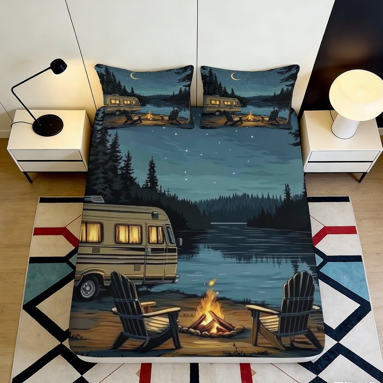 3D Printed Night Lake Fitted Sheet Microfiber Soft Durable Campfire Bed Cover for Bedroom Dormitory Guest Room Mattress Protection Decor 120x200x25cm