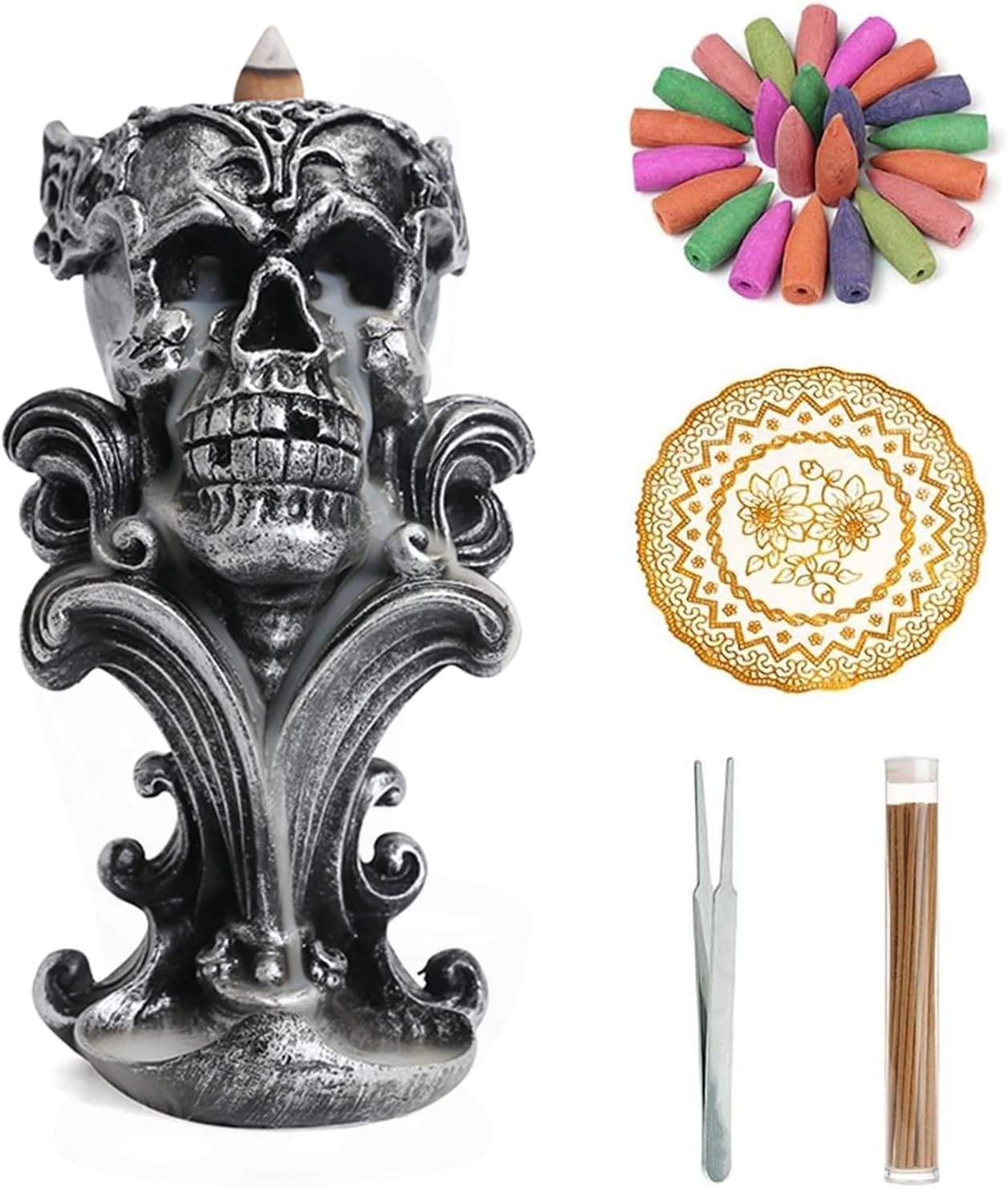 Comeon Backflow Incense Holder Burner Resin Skull Incense Burner Waterfall Incense Burner Home Decor + 20 Backflow Incense Cones + 30 Incense Sticks +1 Tweezer +1 Mat（Metallic Silver）