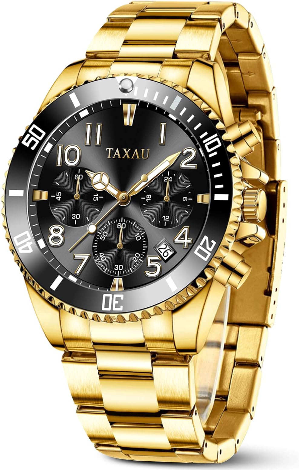 TaxauChronograph Watches for Men, Big Face Easy to Read Men's Dress Watches with Date, Luxury Large Wrist Gold Silver Tone Waterproof Arabic Numerals Stainless Steel Analog Quartz Watches for Men