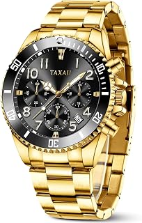 Chronograph Watches for Men, Big Face Easy to Read Men's Dress Watches with Date, Luxury Large Wrist Gold Silver Tone Waterproof Arabic Numerals Stainless Steel Analog Quartz Watches for Men