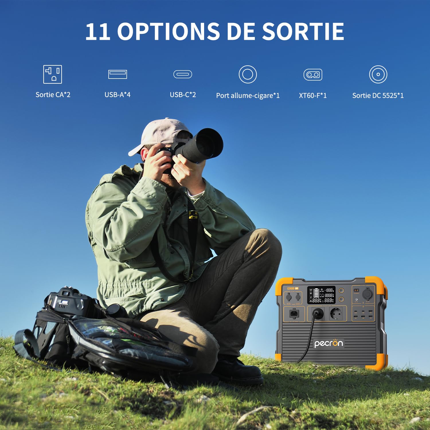Station d’énergie portable PECRON E2400LFP – 2 048 Wh LiFePO4 (extensible à 8 192 Wh), 2 400 W de puissance continue, charge ultrarapide en 1,5 h, idéale pour secours électrique, camping et vanlife.