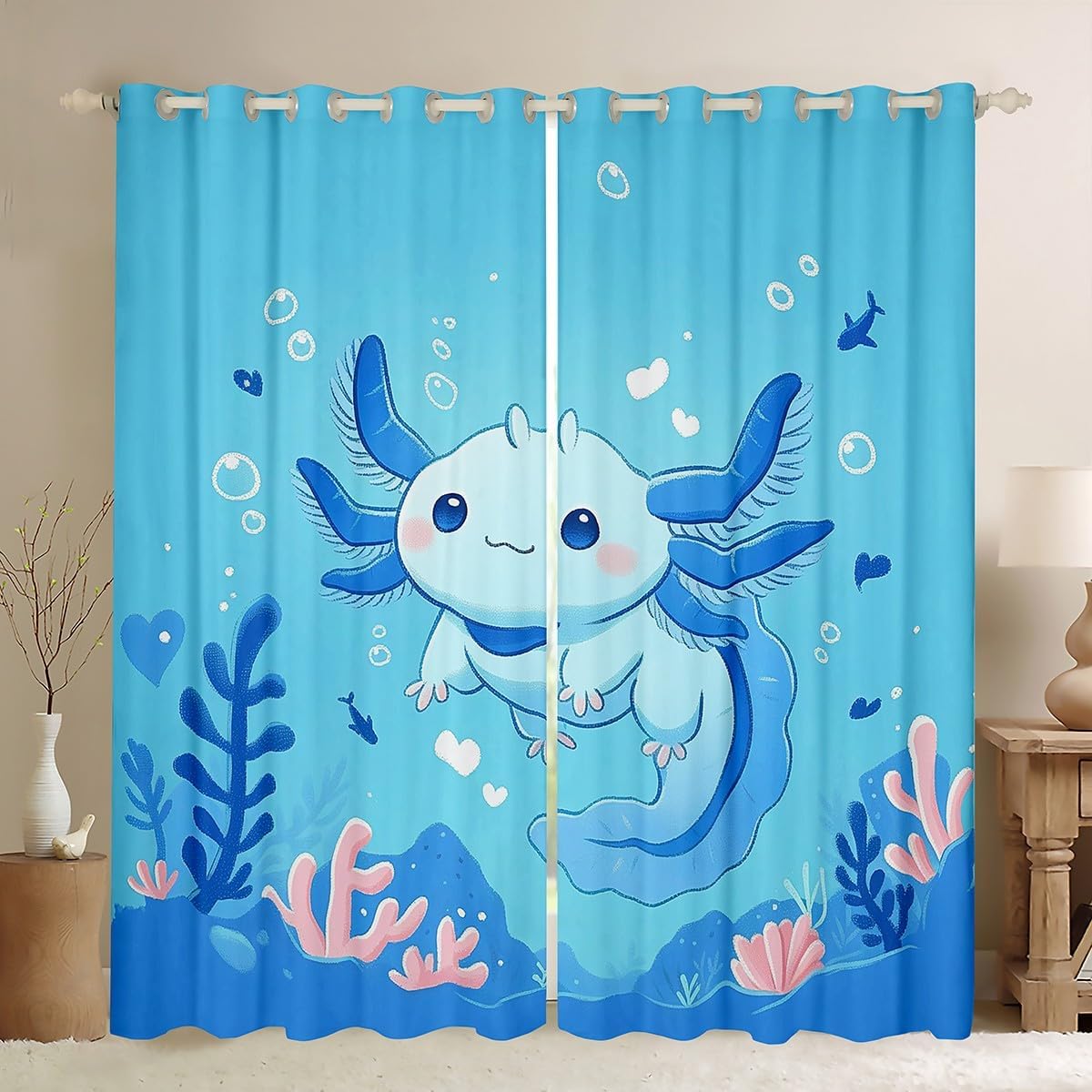 Erosebridal Cute Axolotl Blackout Curtains Pink Axolotl Window Curtains 2 Panels,42X90 Inch,Cartoon Ocean Sealife Window Treatments Drapes for Kids Girls Boys Green Marine Salamander Curtain