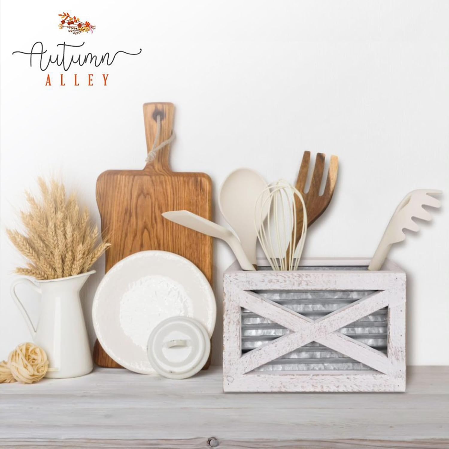 Autumn Alley Barn Door Rustic Kitchen Utensil Holder- Farmhouse Wooden White Kitchen Utensil Holder- Galvanized Accents- Rustic Kitchen Decor- Farmhouse Details Add Charm to your Country Kitchen