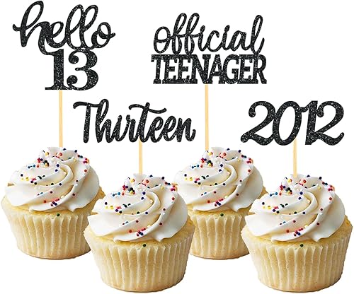 Miniatura 1 de 24 adornos para cupcakes con purpurina para cumpleaños de 13 años, decoración para tartas de cumpleaños de 13 años, decoraciones oficiales de