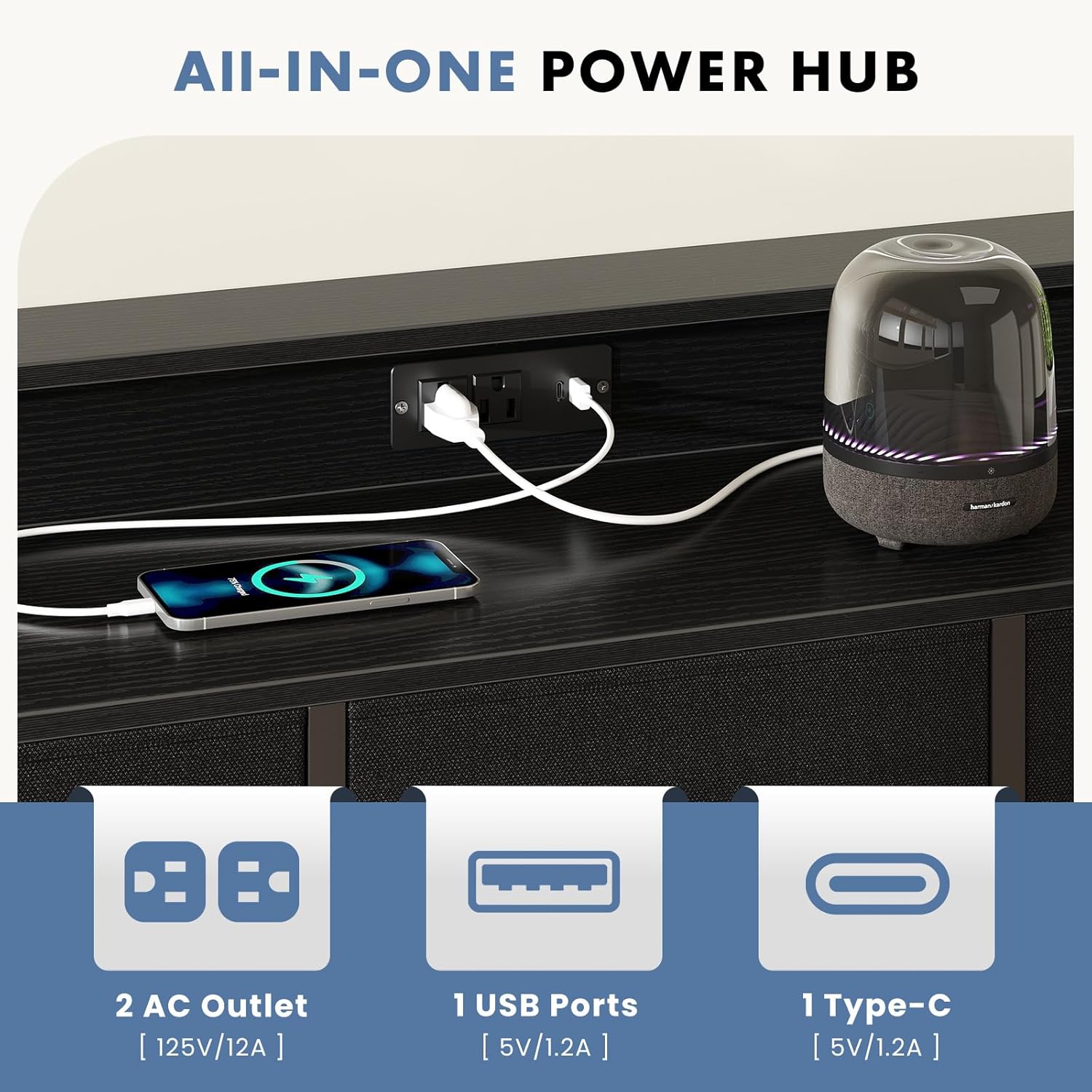 DUMOS TV Stand Dresser with 9 Fabric Drawers and Open Shelves, Entertainment Center with LED Lights, Charging Station for Bedroom, Wood Top Media Console for 45-55 inch TV Stand with Storage, Black - Image 4