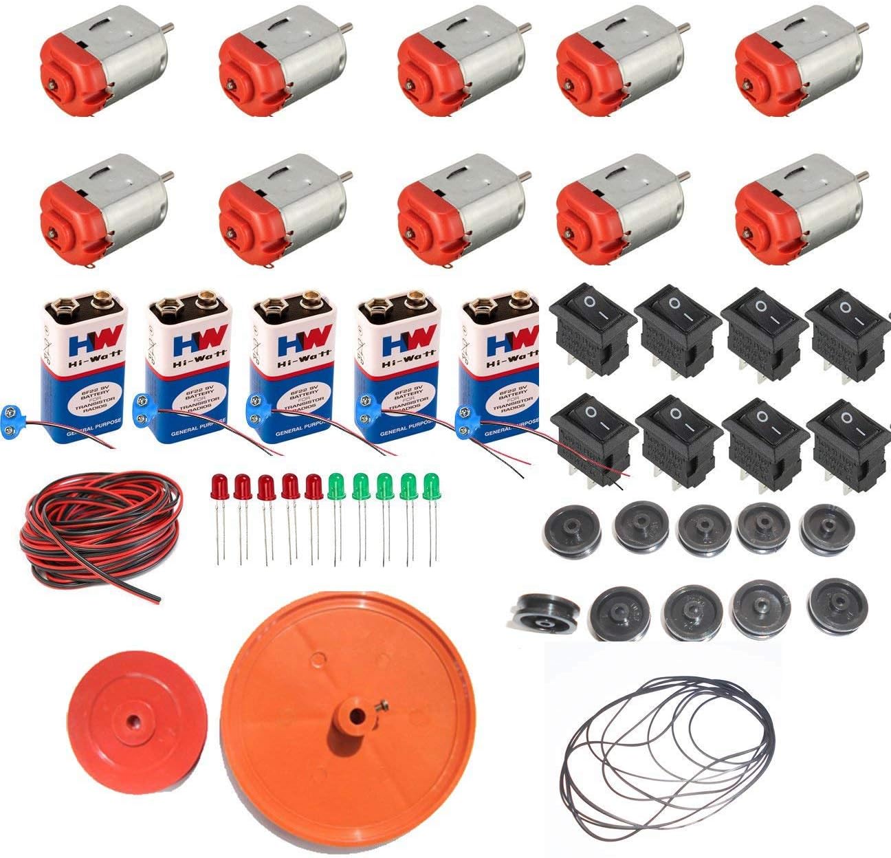10 Dc Motor with 10 Small Pulley Wheels, 5 9V Battery Connector, 10 Gear, 3 m Wire, 8 Switch, 10 LEDs, 100 mm Big Pulley and 60 mm Pulley