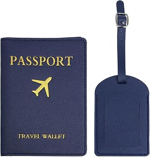 Mr and Mrs Passport Wallet and Luggage Tag Set, PU Leather Travel Essentials for Couples, Cute Honeymoon Gift, Credit Card and Business Card Holder, darkblue, Modern