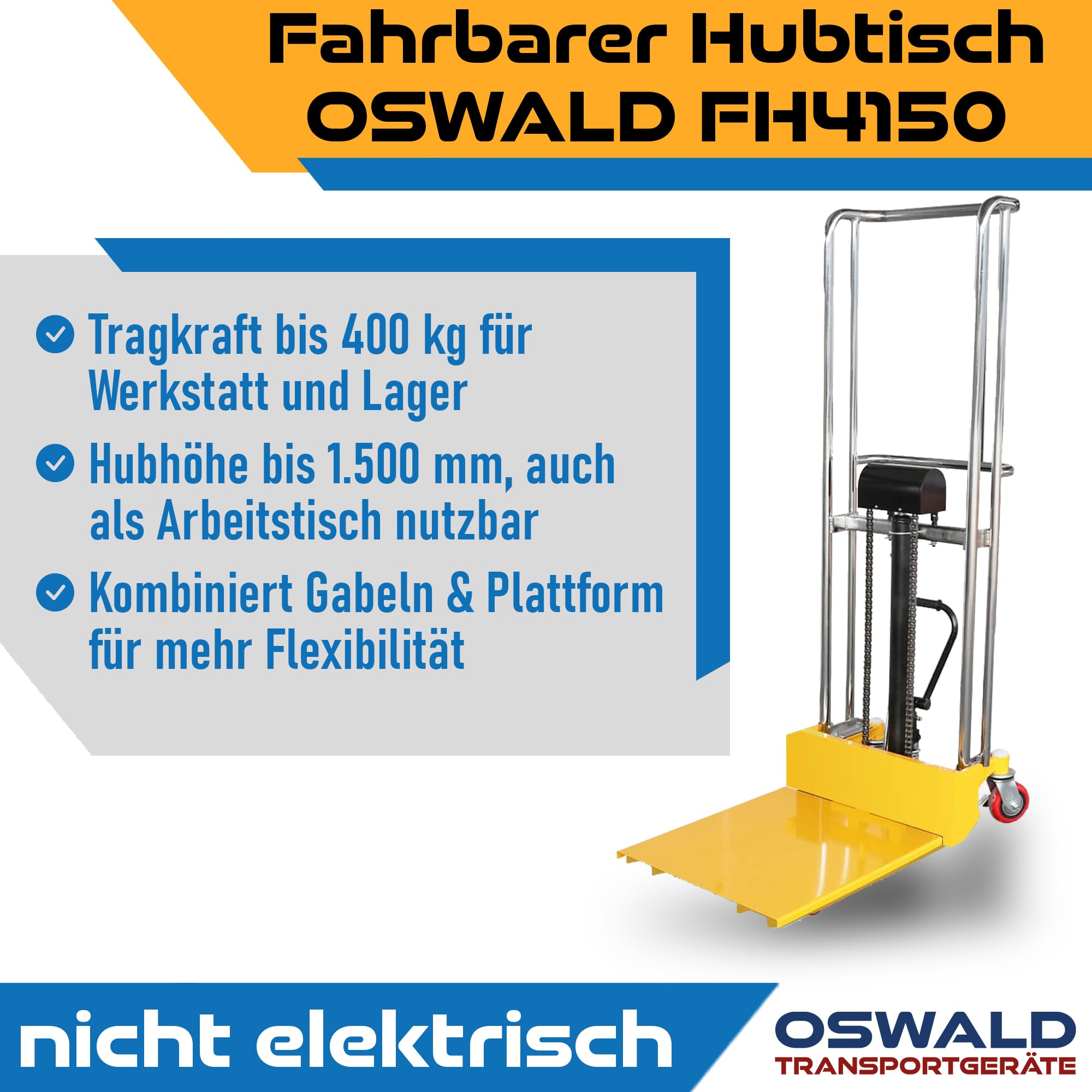 Fahrbarer Hubtisch mit Gabeln und Plattform, Mini-Stapler, 400 kg, 1,5 m Hubhöhe, 650 mm Gabellänge