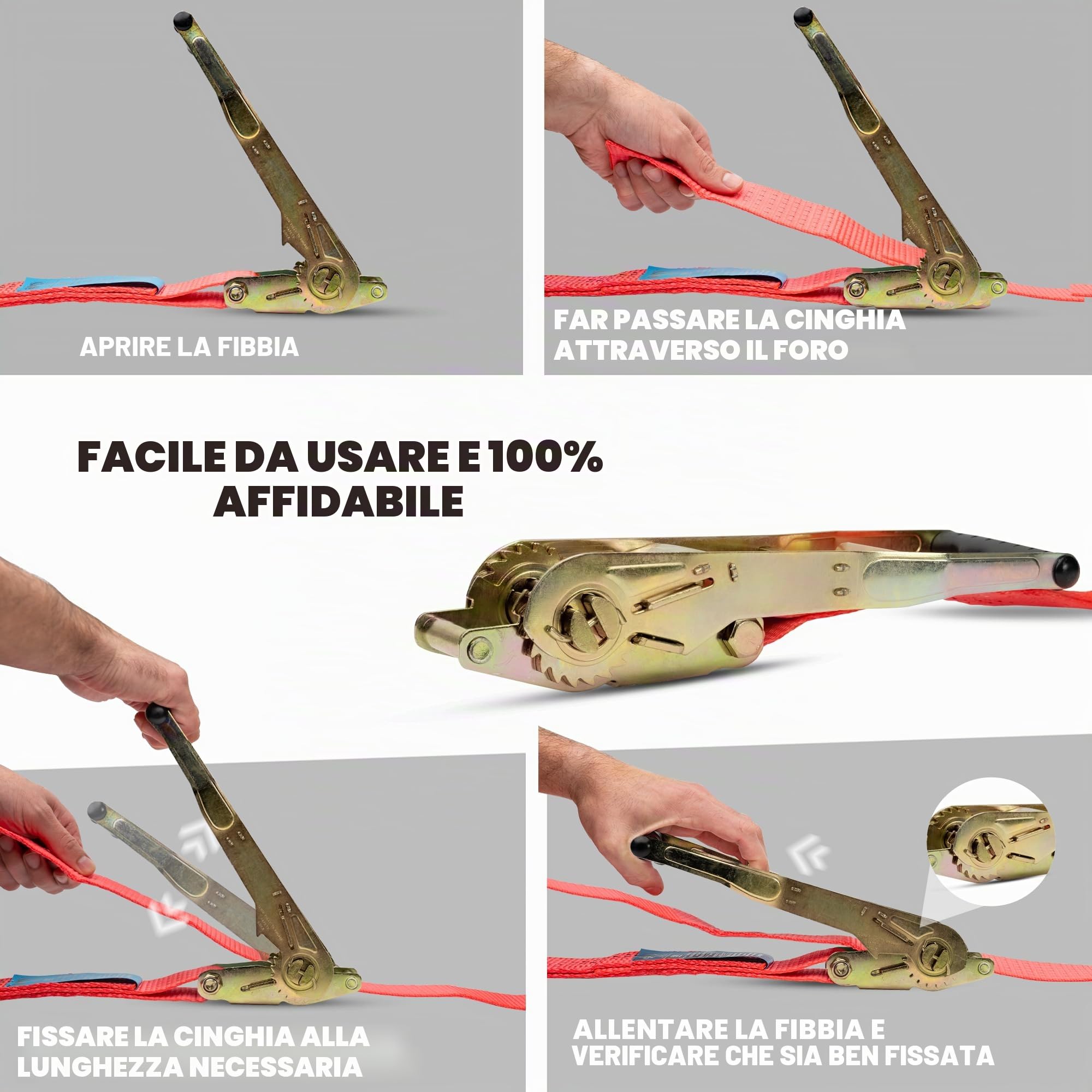 10 cinghie di ancoraggio con cricchetto ergonomico e gancio, 5000 kg, 8 m, 2 pezzi, per camion, TÜV/GS
