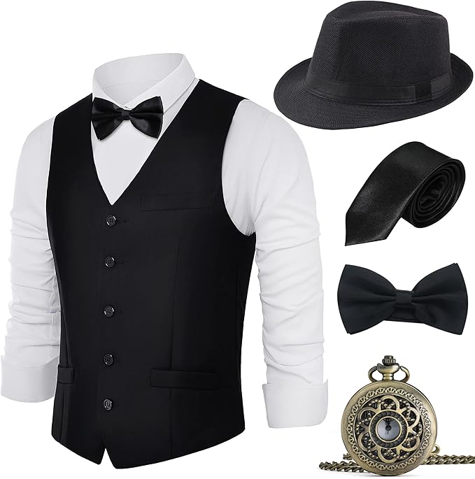 BABEYOND 1920s Mens Gatsby Gangster Vest Costume Accessories Set Fedora Hat