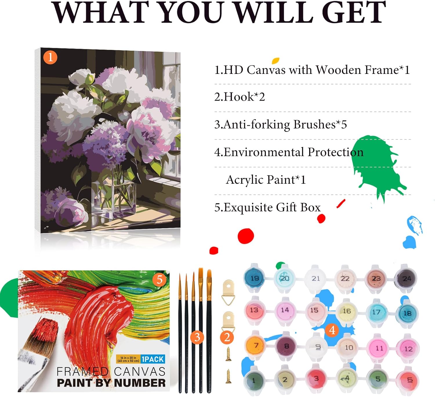 Fountor Framed Paint by Numbers Kit for Adults Beginner, Flower Adult Paint by Number Kits on Canvas, Purple Flowers Oil Paint by Numbers for Home Decor Gift 16” W x 20”L