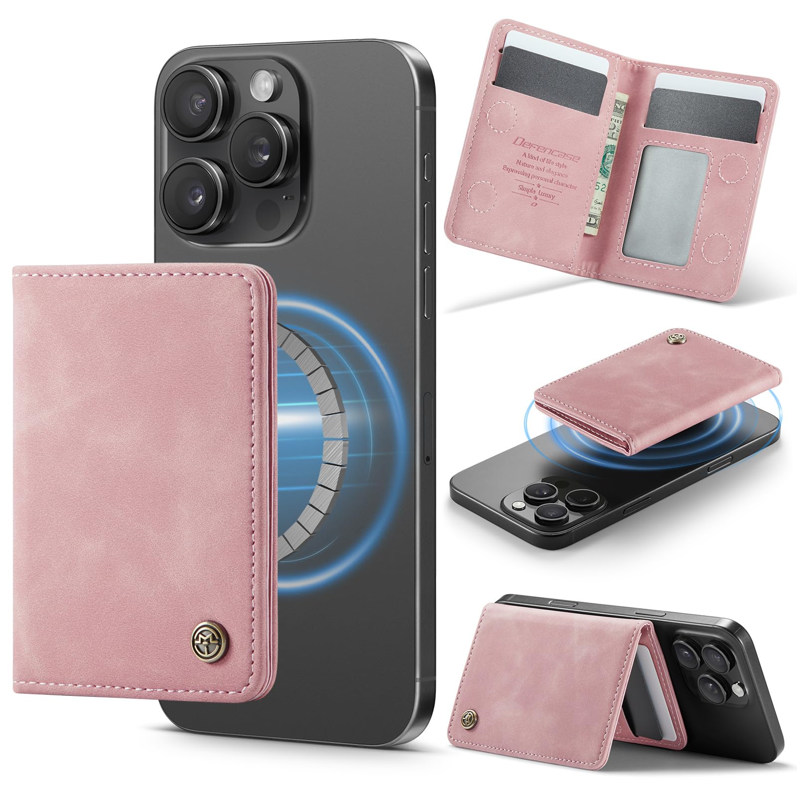 Defencase for Magsafe Wallet Magnetic Card Holder RFID Blocking, PU Leather Minimalist Phone Wallet for MagSafe Phones and Cases for iPhone 17/16/ 15/