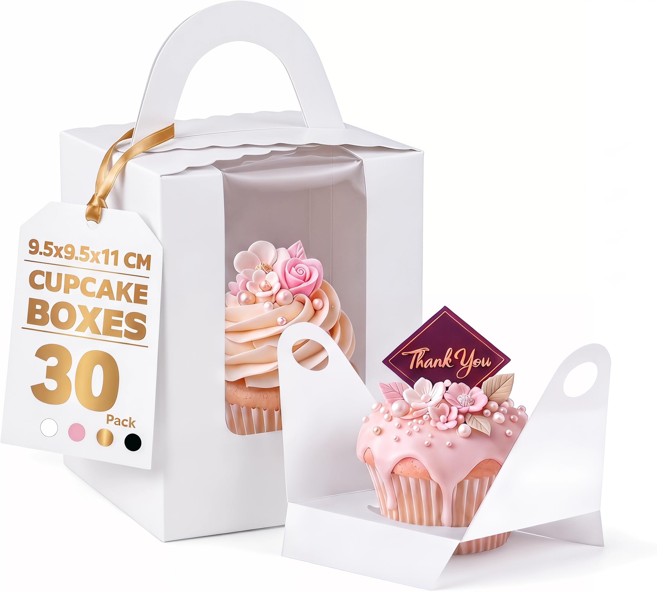 30 Pack Individual Cupcake Boxes with Window & Handle (3.7"x3.7"x4.3"), Sturdy Single Muffin Holders with Secure Inserts, White Bakery Treat Boxes for Wedding, Birthday, Graduation Party Favours