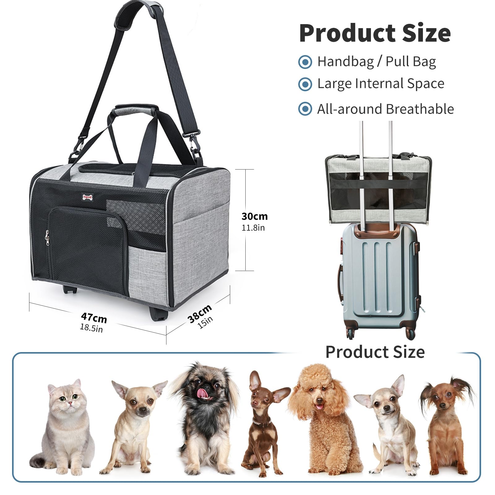 PETCUTE Transportín Perro Gato con Ruedas,Transportín Plegable para Perros con Alfombrilla Extraíble,Correa de Hombro Ajustable,Transpirable Bolsa de Transporte para Mascotas con Bolsillos Laterales