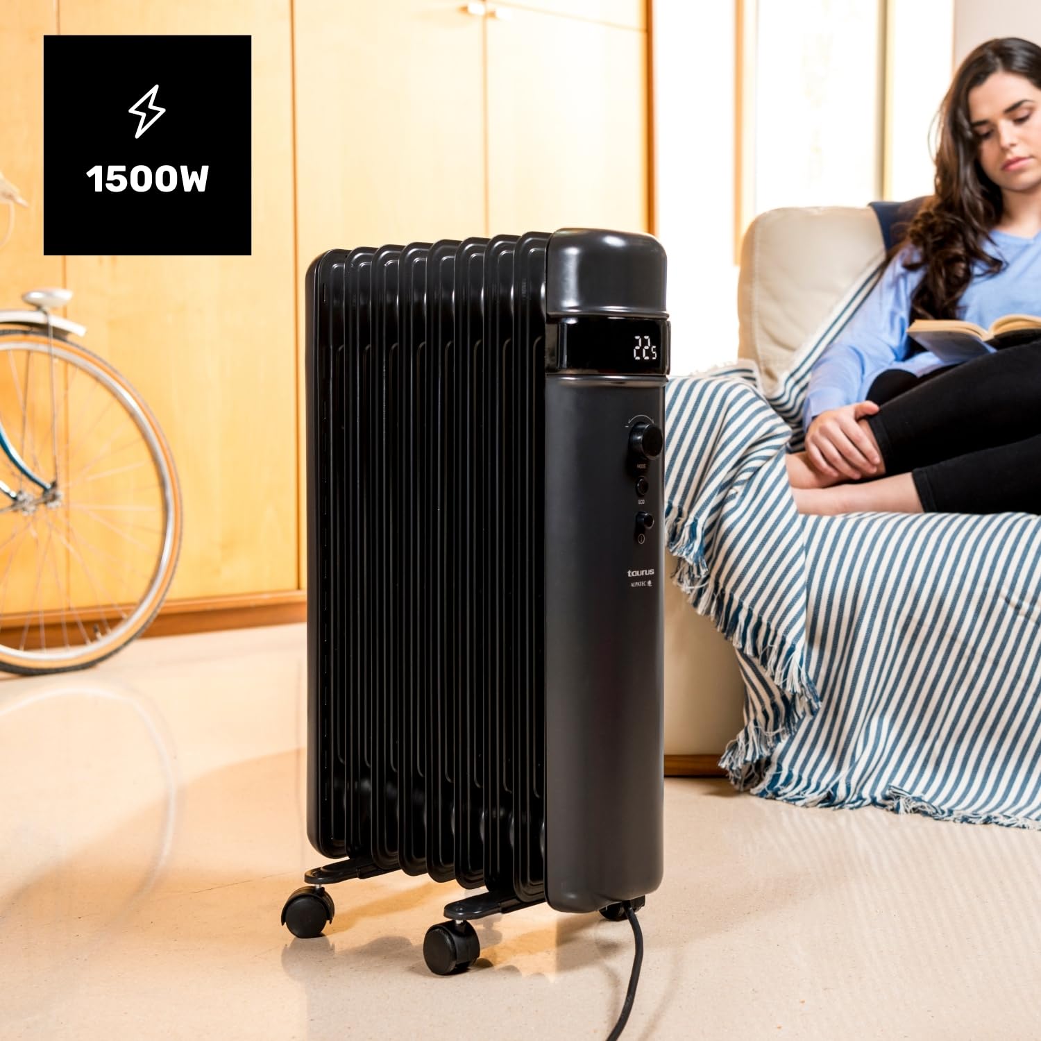 Taurus 1500 - Radiador de aceite. 1500W. 3 niveles de potencia. 7 elementos. Pantalla digital. Selector de potencia. Temporizador. Programable. ModoECO. Temperatura ajustable de 5 a 35ºC