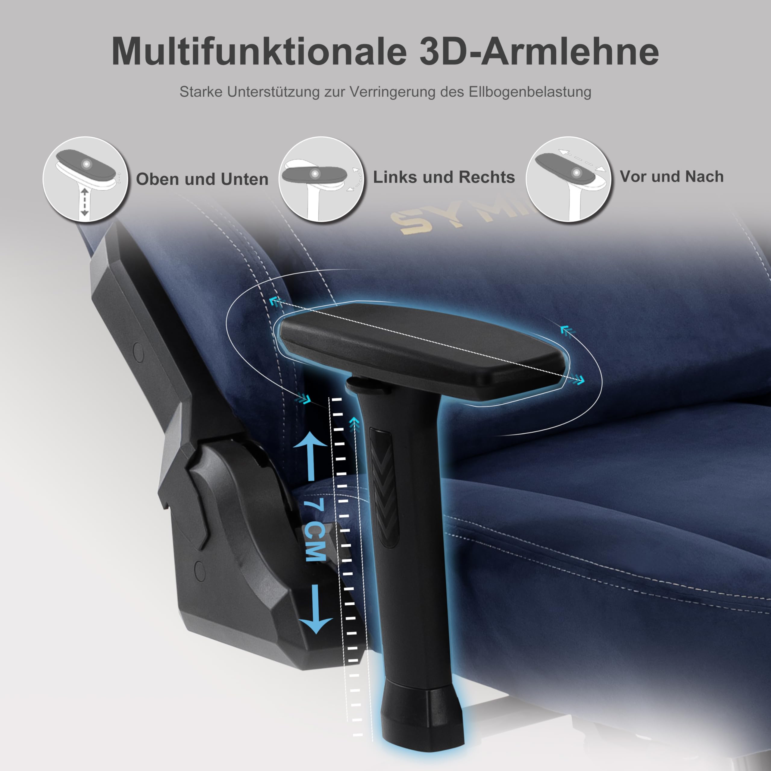 Symino Chaise Gamer XL, Siège Large Mousse+Latex, Support Lombaire & Tête, Inclinaison 175°, 300kg, Roues Silencieuses Incluses (Faux Daim, Bleu Foncé)