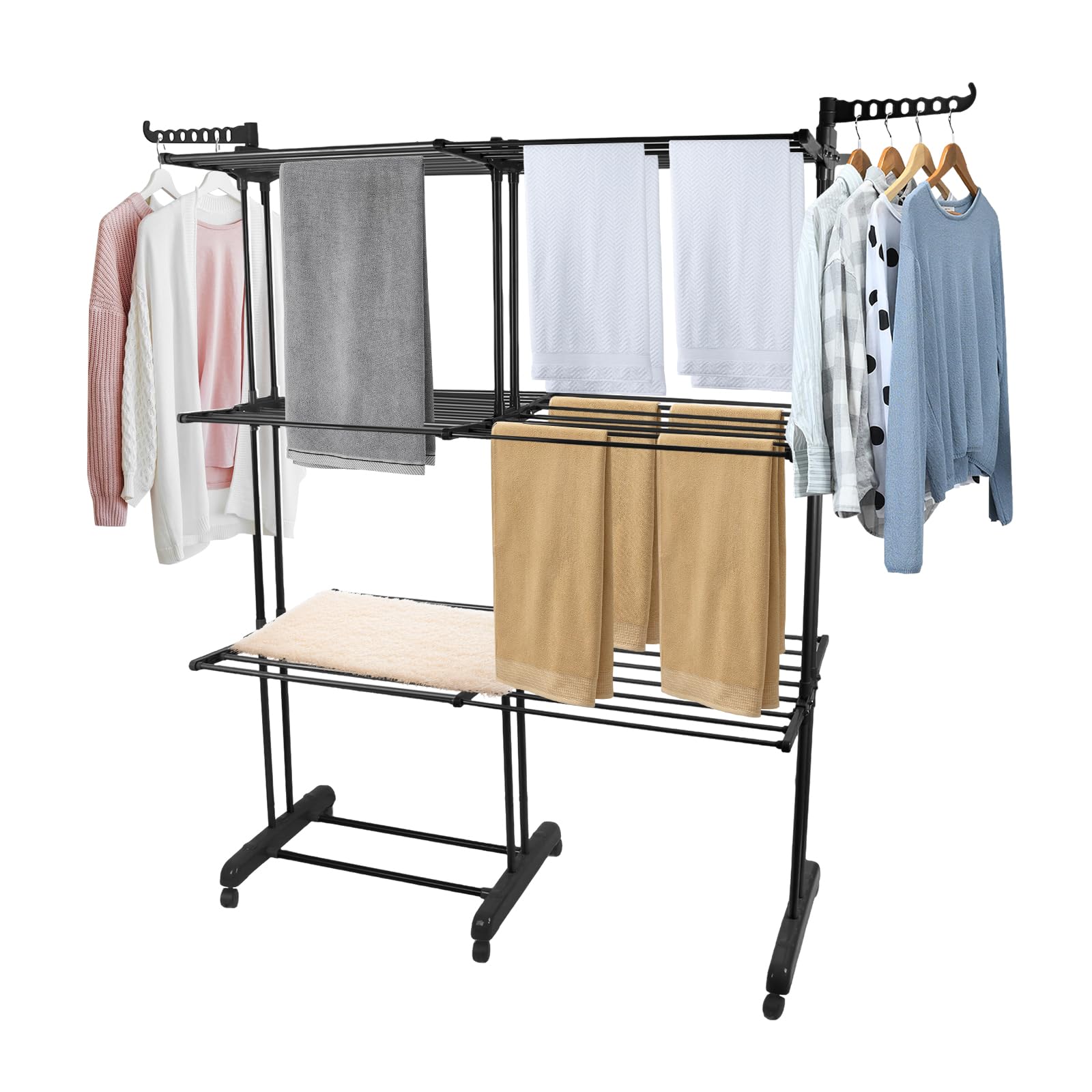 HUOLE Séchoir à Linge Tour Peu encombrant, étendoir à Linge Extensible, Table de Lavage Pliable pour l'intérieur et de Grandes familles,49 x (75-132) x 170 cm (Noir + Tube Noir)