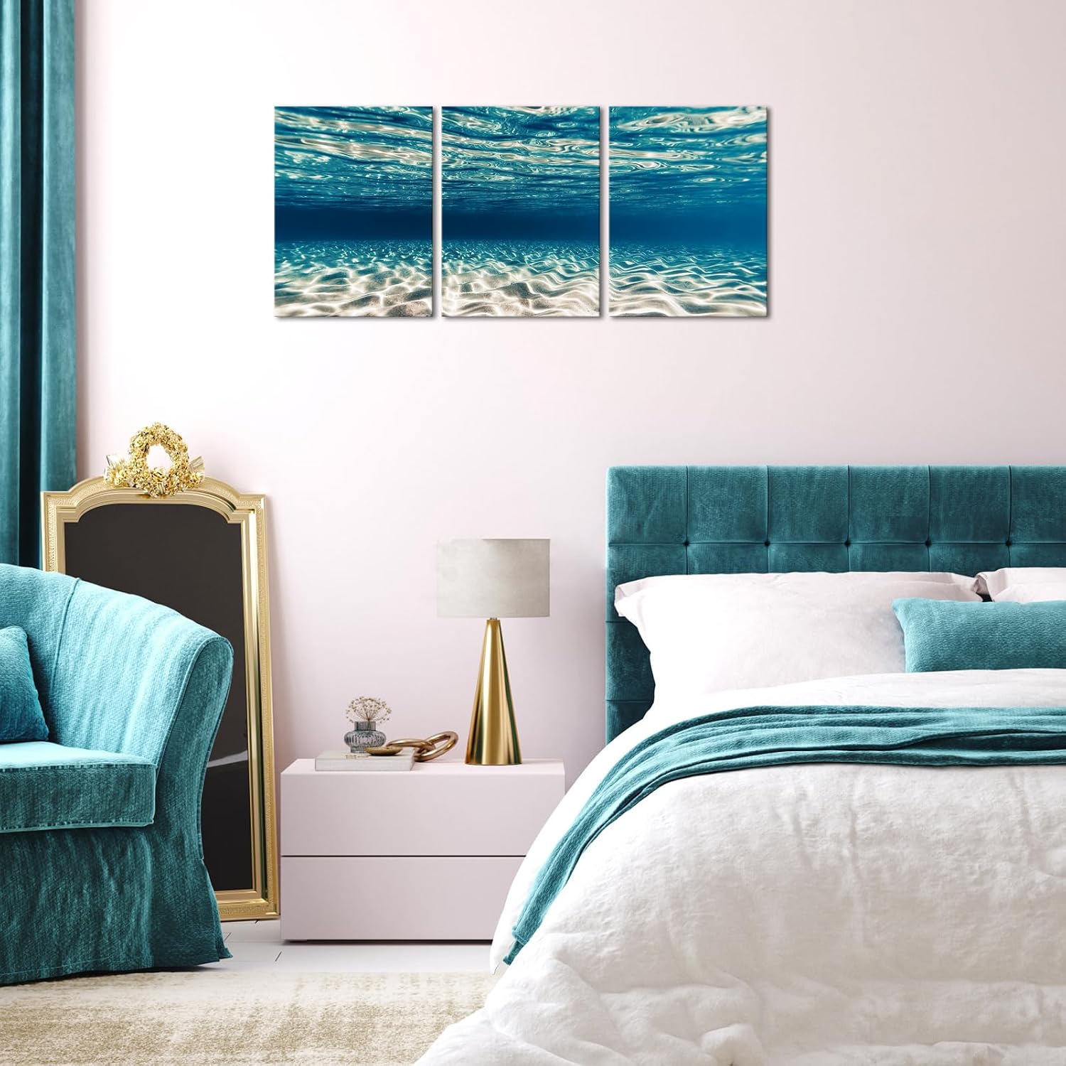 VANSEEING 3 Pieces Ocean Wall Art Teal Sea Underwater Landscape Pictures Modern Artwork Coastal Wall Decor for Bathroom Bedroom Living Room 12"x16"x3