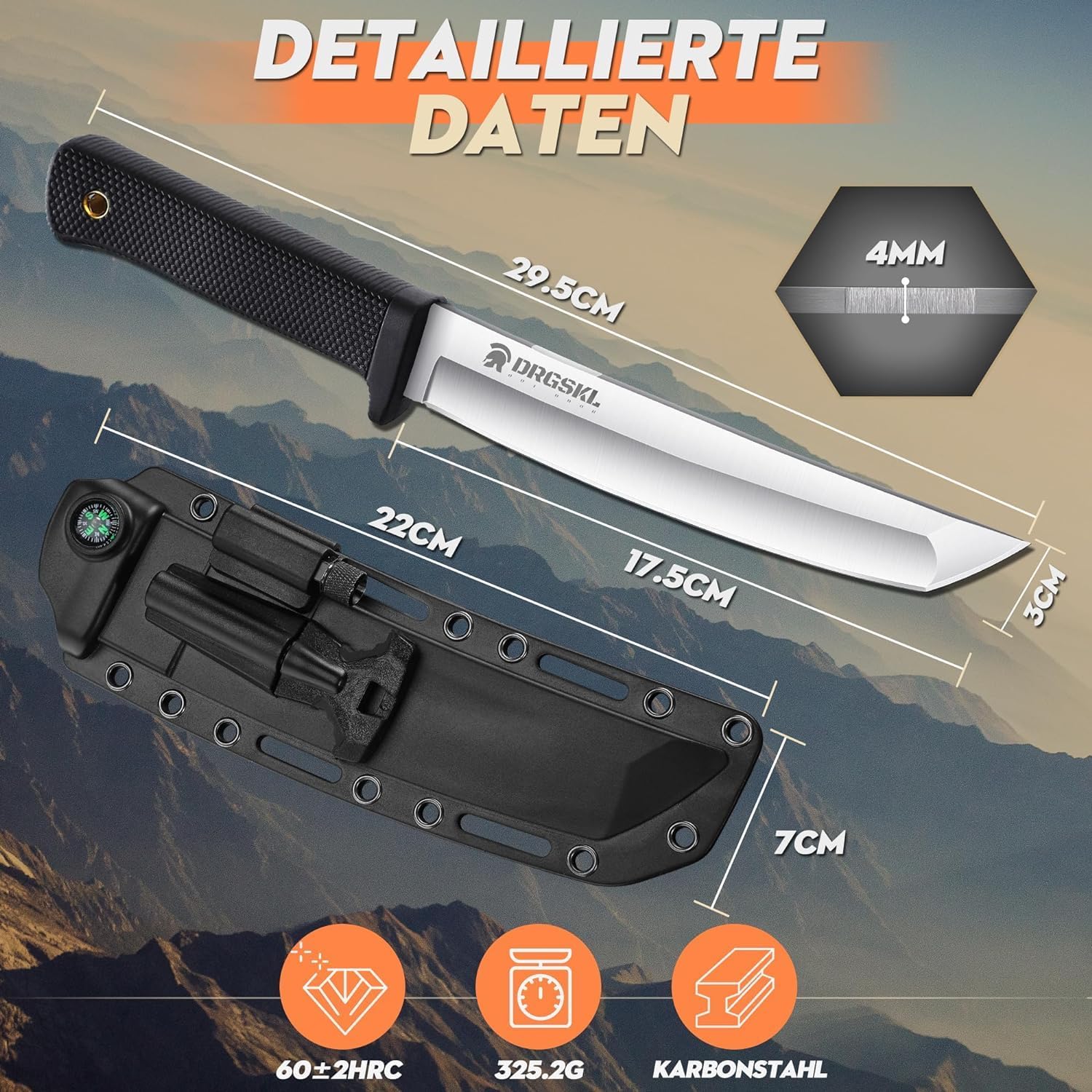 DRGSKL Recon Tanto Survival Messer Outdoor Scharfe Dschungel-Jagdmesser Kydexscheide Bushcraft Outdoor-Messer für Camping Messer, Wandern Weihnachtstag Männer Geschenke Schwarz