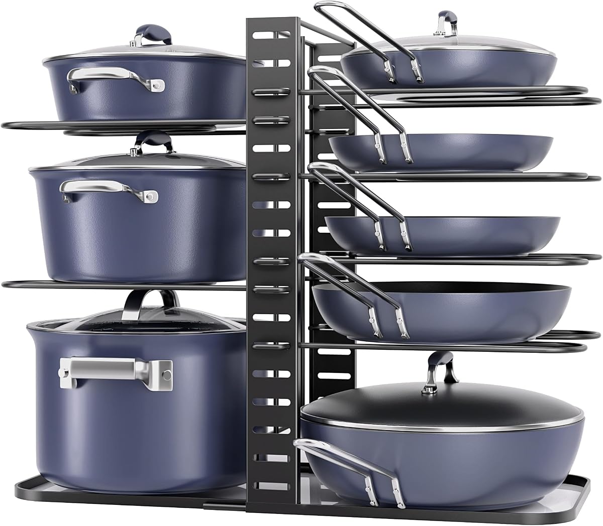 Organizador de ollas y sartenes debajo del gabinete de 14.6", estante ajustable de 8 niveles | 3 modos de bricolaje, ensamblaje sin herramientas, se adapta a utensilios de cocina livianos de 6 a 11", para gabinetes de cocina, estantes y encimeras