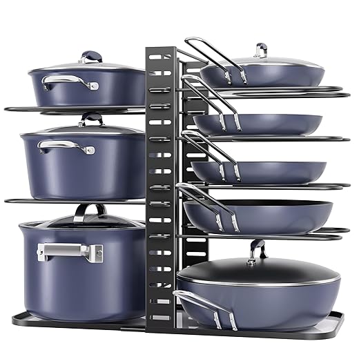 ORDORA Pots and Pans Organizer under Cabinet 14.55 Height, Adjustable 8-Tier Pot Organizers inside Cabinet, Kitchen Organizers and Storage Fit 6-11 inch Lightweight Cookware