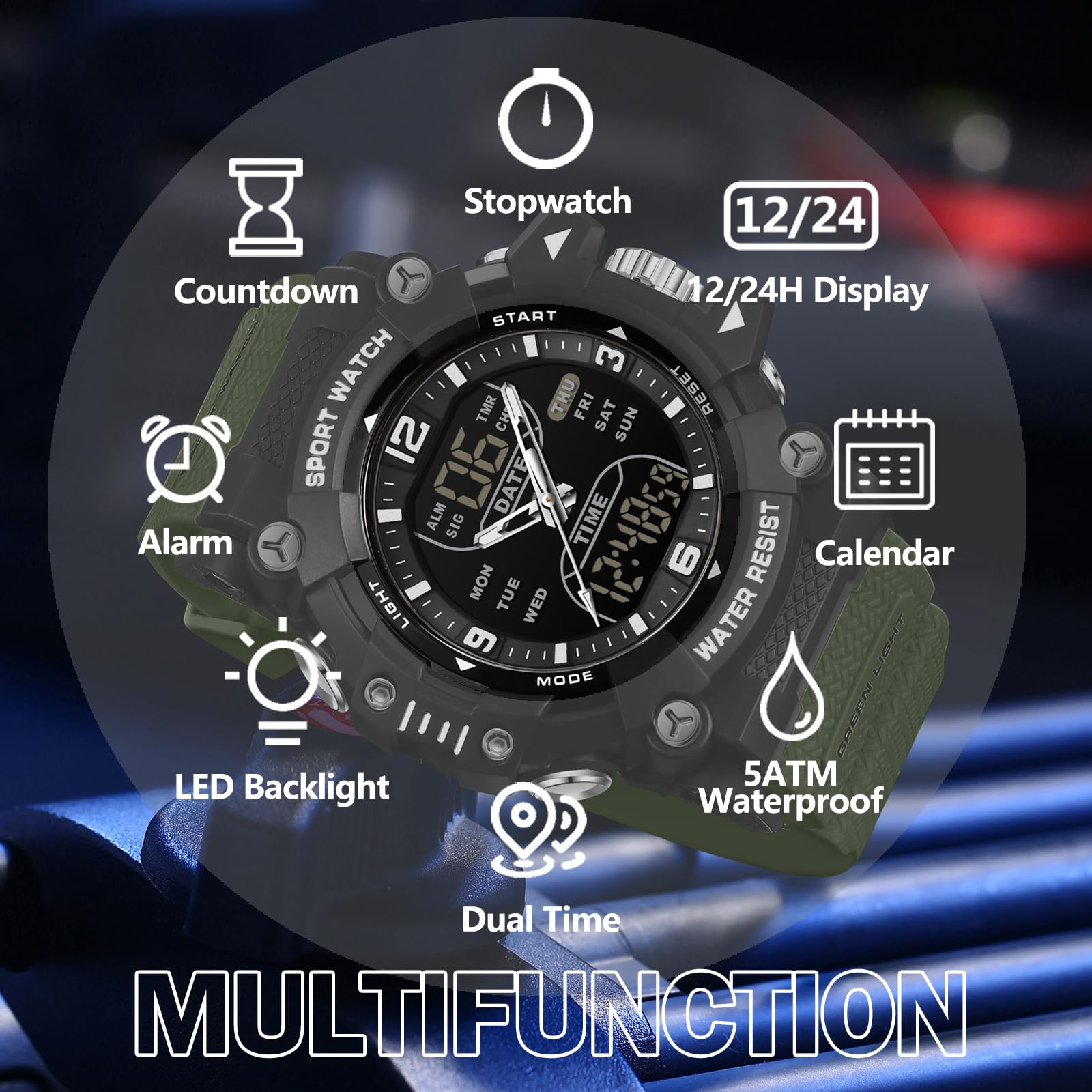 findtime Digitale wasserdichte Sportuhr für Herren, großes Zifferblatt, Alarm, Stoppuhr, Countdown, taktische Herren-Armbanduhr für Herren, leuchtende Outdoor-Laufuhr