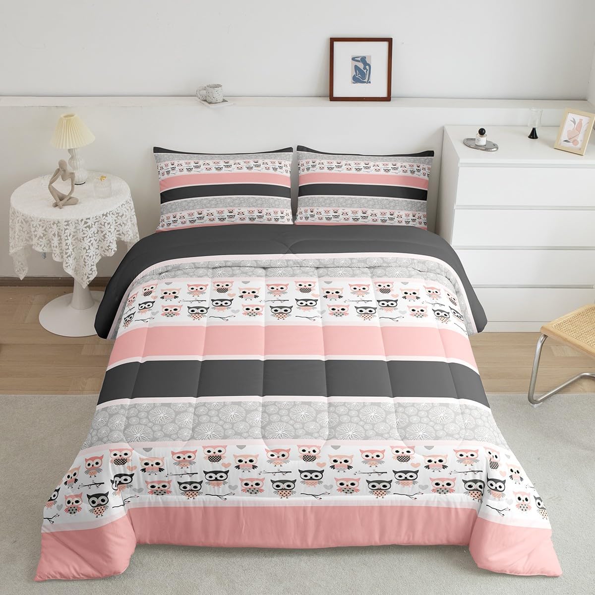 Cartoon Owl Comforter Set Queen Size,Vintage Abstract