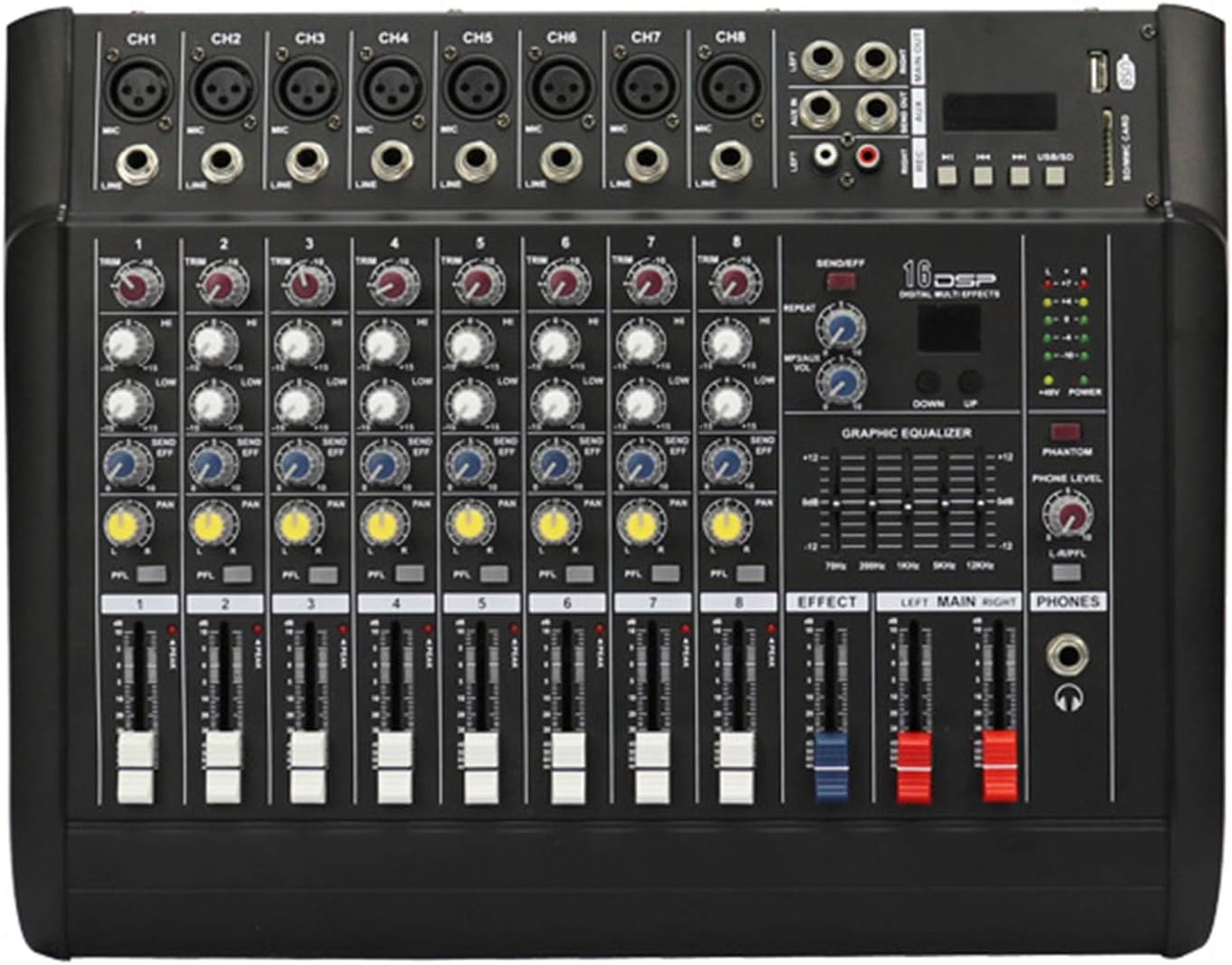 AFYH Live Mixers, Studio Mixing Desks 8-channel Bluetooth digital audio mixer with power amplifier effect comes with 110v-220v voltage conversion for KTV conference multi-channel mixer