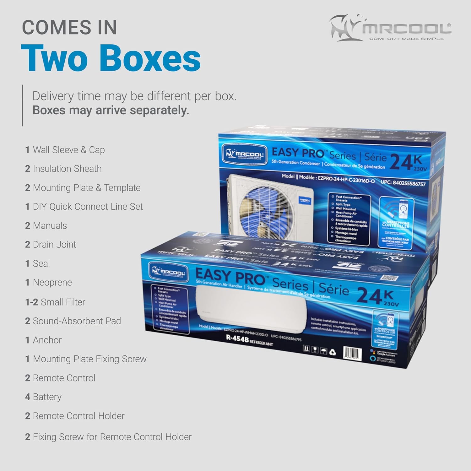 Two boxes showing components of the MRCOOL Easy Pro Series mini split system