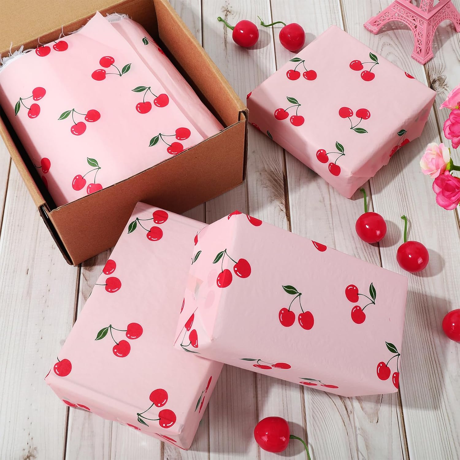 JarThenaAMCS 100 Sheets Cherry Tissue Paper Pink Gift Wrapping Paper Summer Fruit Decorative Art Tissue for DIY Crafts Small Business Birthday Party Decor, 14 x 20 Inch