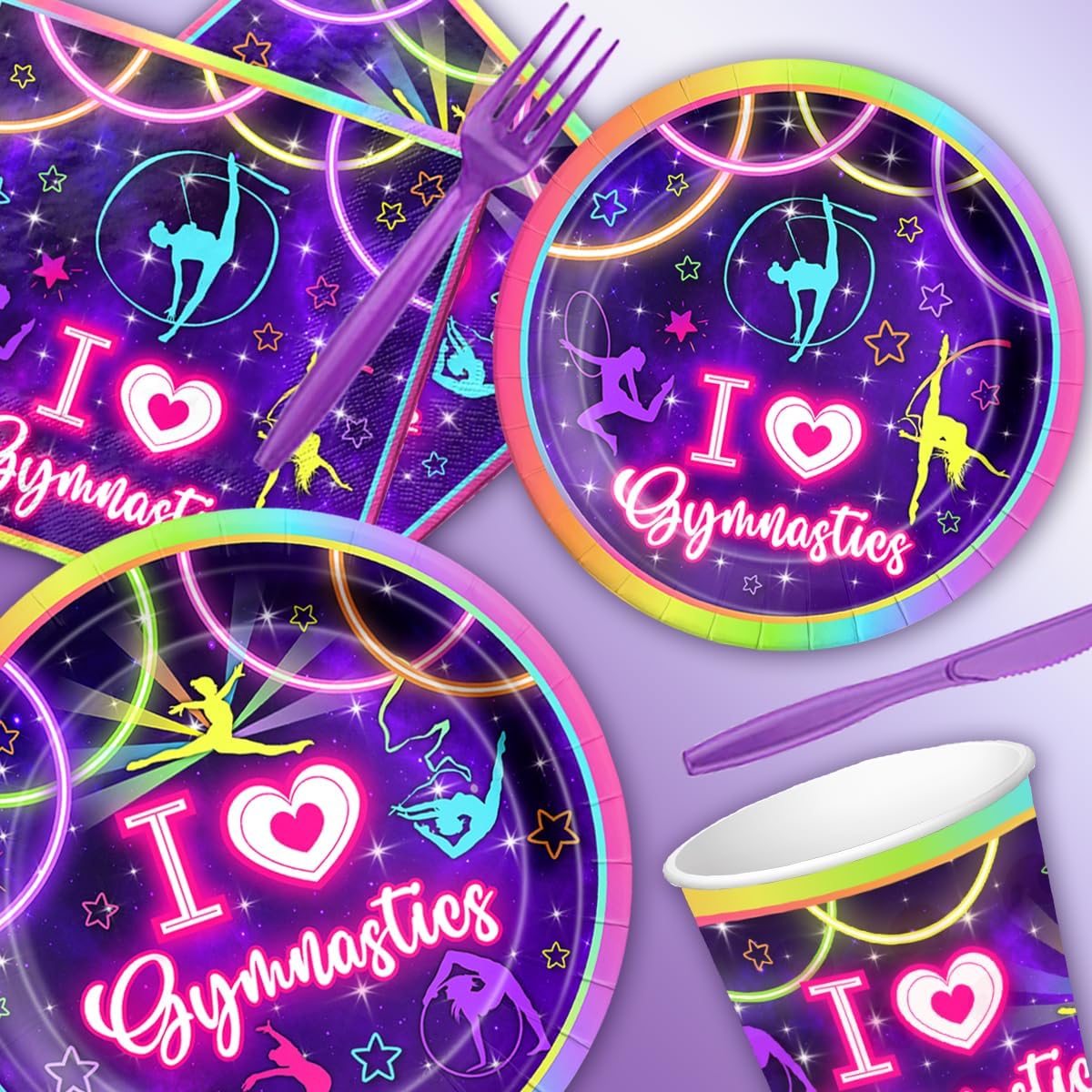 Gymnastics Birthday Party Supplies-142Pcs Neno Gymnastics Tableware Set I Love Gymnastics Plates and Napkins Serves 20 Guests