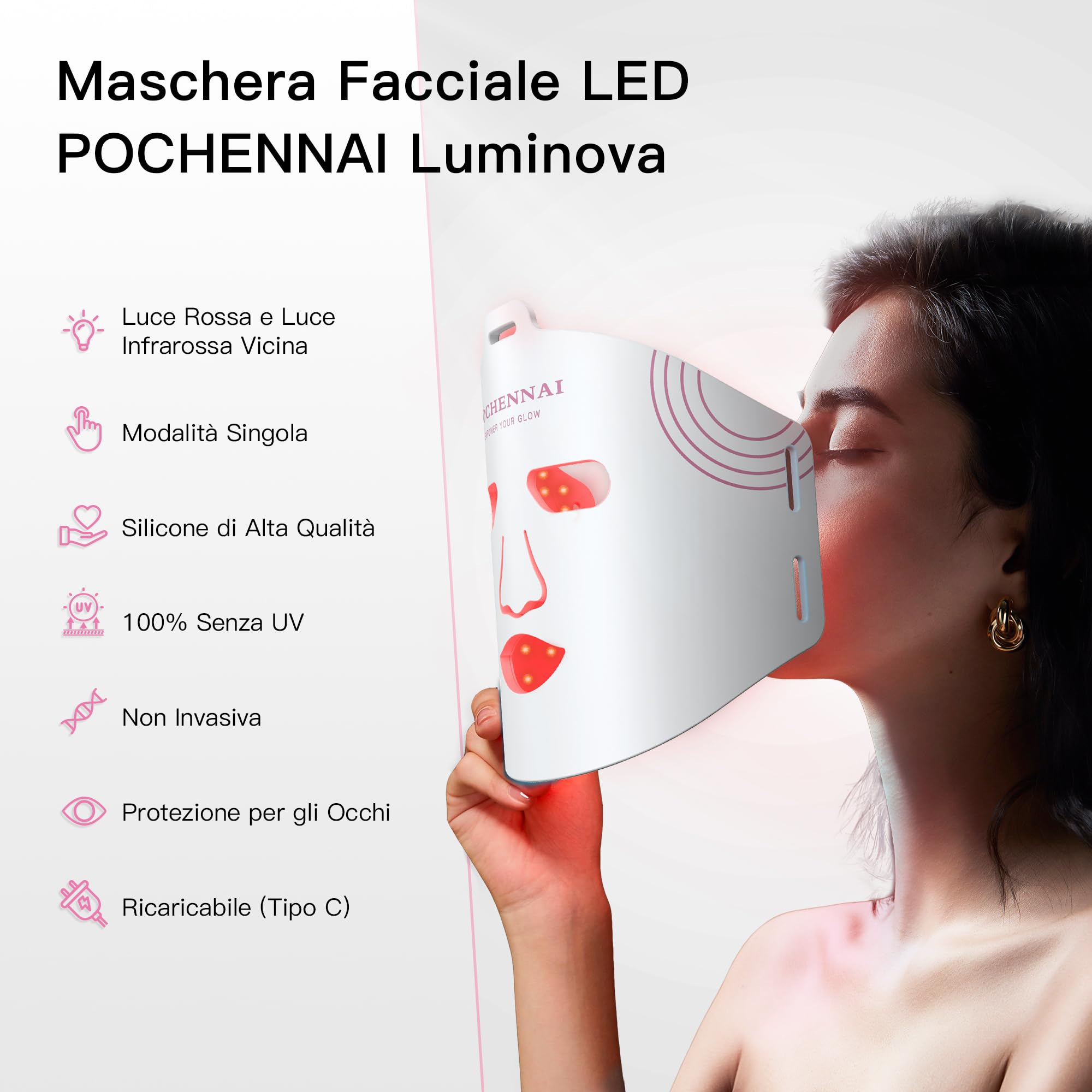 Luminiva LED Gesichtsmaske – Heimanwendung Beauty Gerät mit Rotlicht & Nahinfrarotlicht, Flexibles Silikon, Einfach zu Bedienen, 3 Intensitätsstufen (Perlweiß)