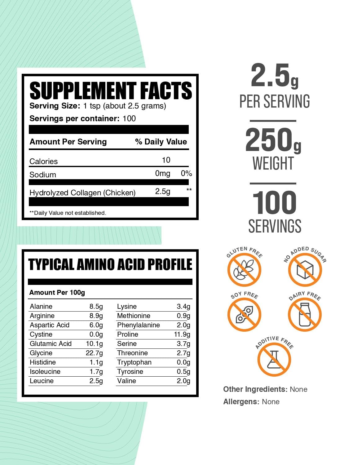 BulkSupplements.com Chicken Collagen Powder - Hydrolyzed Collagen Supplement, for Hair, Skin, & Nails - Unflavored & Gluten Free, 2.5g per Serving, 250g (8.8 oz) (Pack of 1) - Image 2